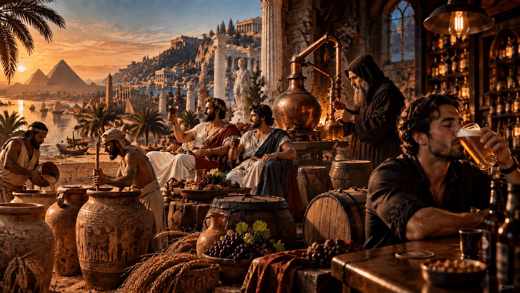 Editorial montage of ancient brewing, Egyptian and Mediterranean wine culture, a distillation vessel and a modern beer drinker