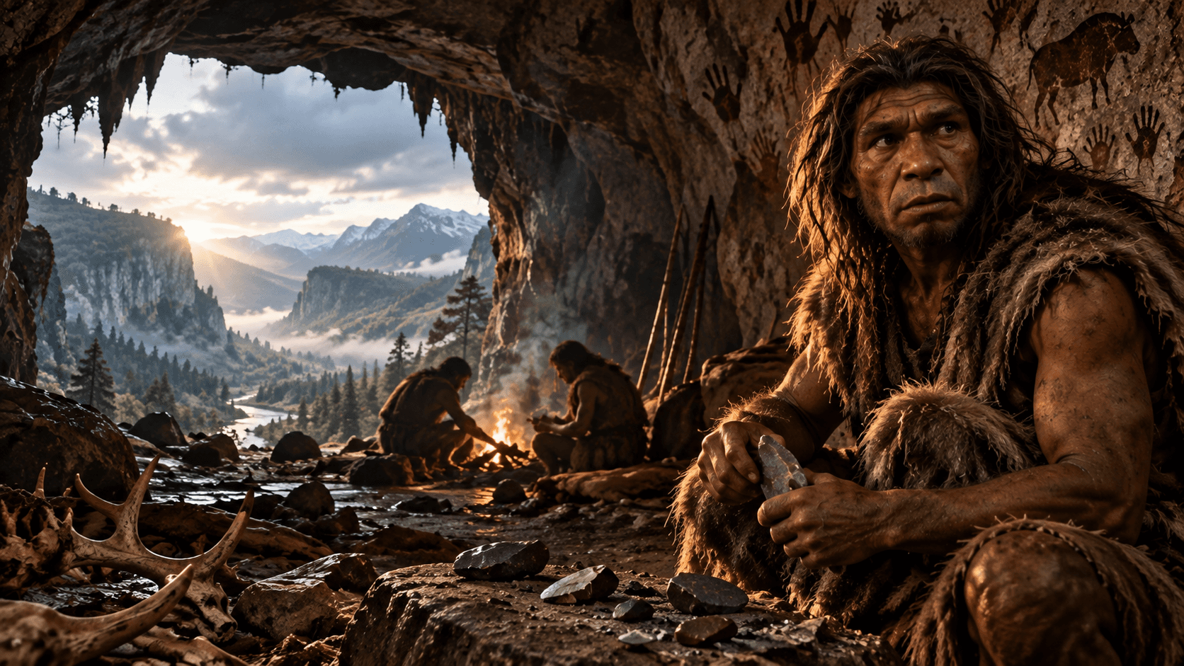 Cinematic PRESDA editorial reconstruction of an archaic human in a prehistoric cave, illustrating the Denisovan story rather than an authentic reconstruction of Denisovan appearance