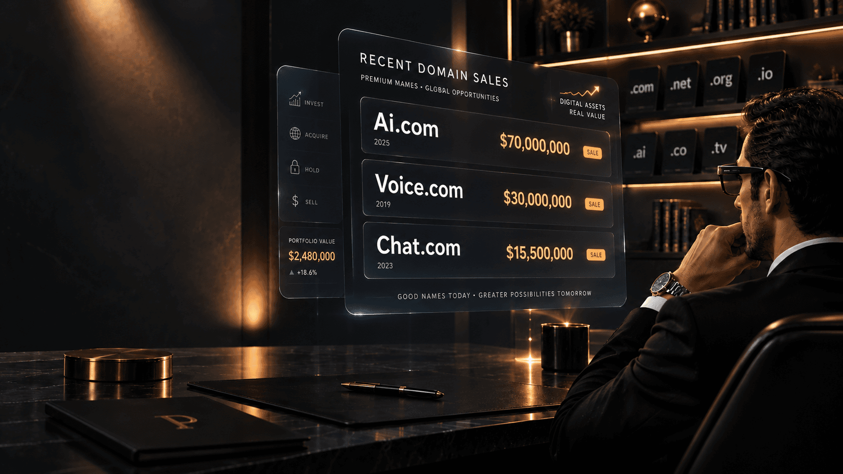 Conceptual editorial image showing premium domain sales for AI.com, Voice.com and Chat.com on a digital trading screen.
