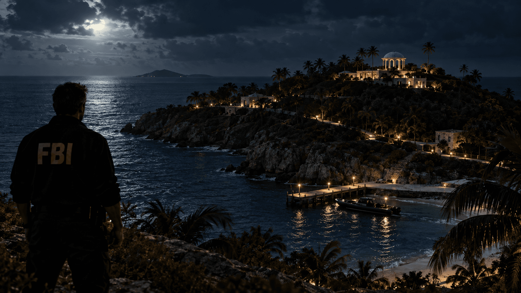 Cinematic editorial reconstruction of an FBI investigator overlooking a private Caribbean island at night, inspired by Little St. James.