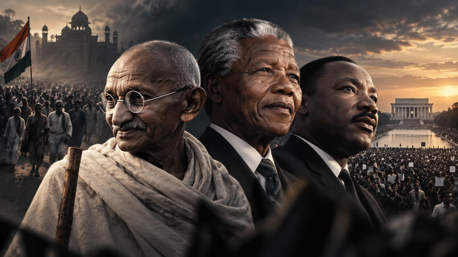 Illustrated historical composite of Mahatma Gandhi, Nelson Mandela and Martin Luther King Jr. with protest crowds in India, South Africa and the United States