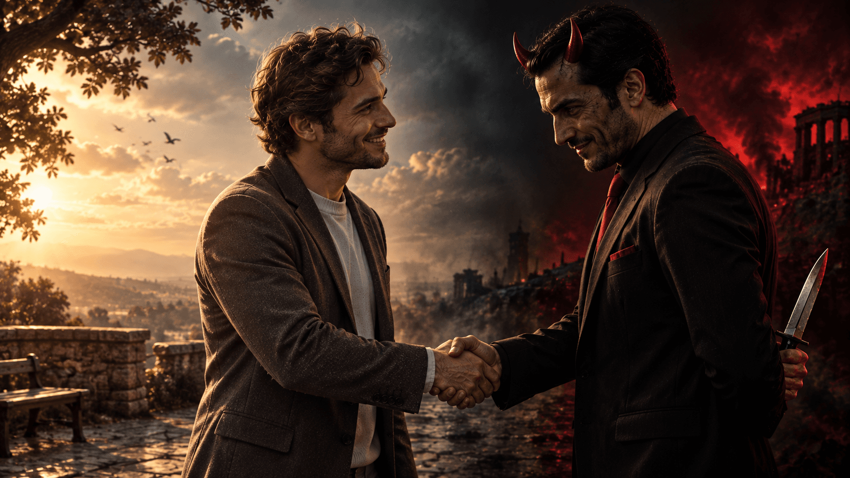Conceptual editorial image of two men shaking hands between light and darkness, symbolizing moral choice, betrayal and good versus evil.