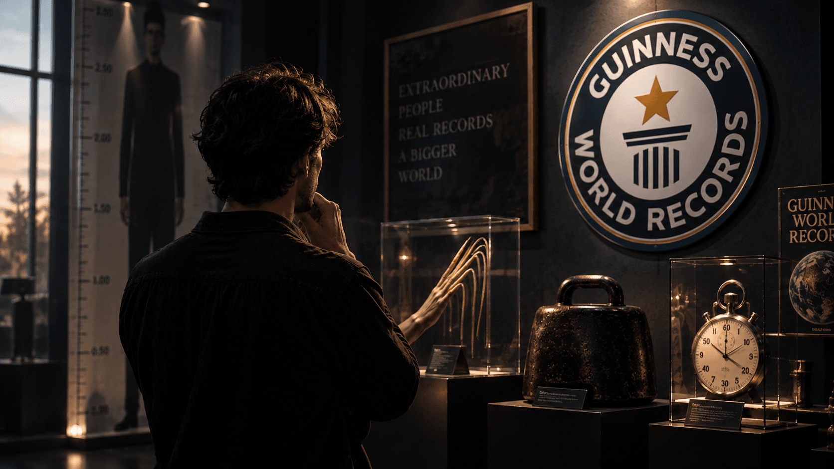 Cinematic museum-style Guinness World Records exhibit with a visitor looking at strange record objects and a large Guinness World Records wall emblem