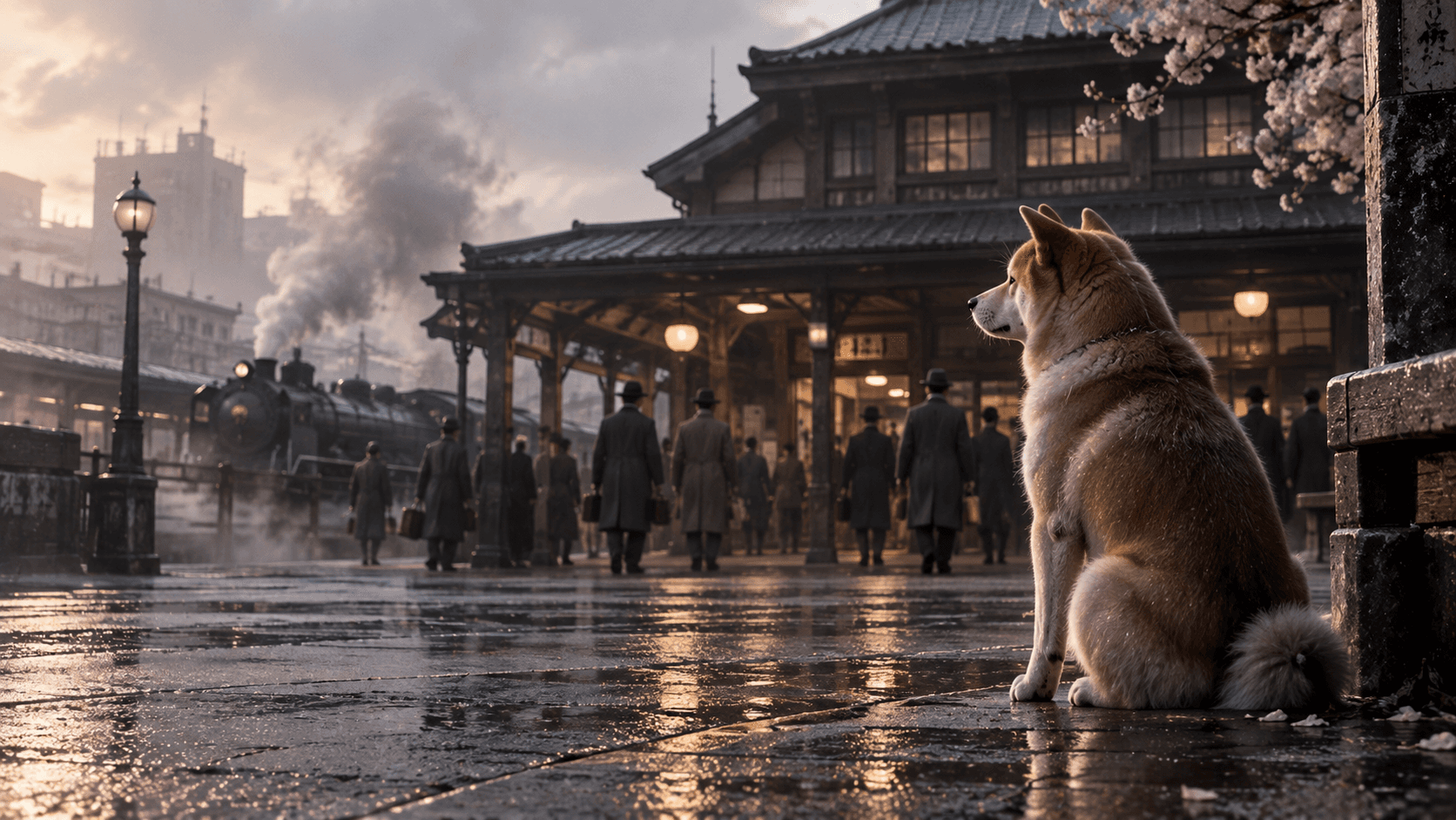 An Akita inspired by Hachikō waits outside a historic Japanese railway station as commuters pass in the early morning.