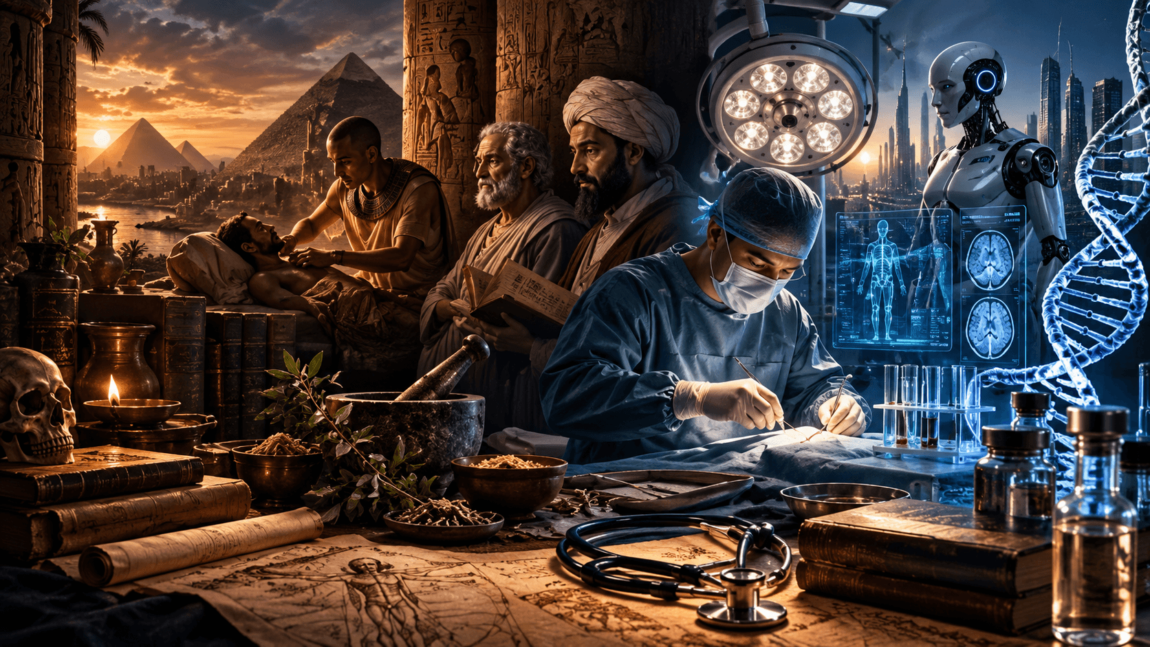 PRESDA editorial illustration showing the history and future of medicine, from ancient healing traditions to modern surgery, DNA research and AI-assisted healthcare