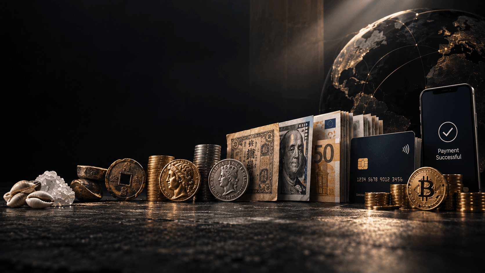 Cinematic editorial illustration showing the evolution of money from shells and ancient coins to banknotes, cards and digital payments.