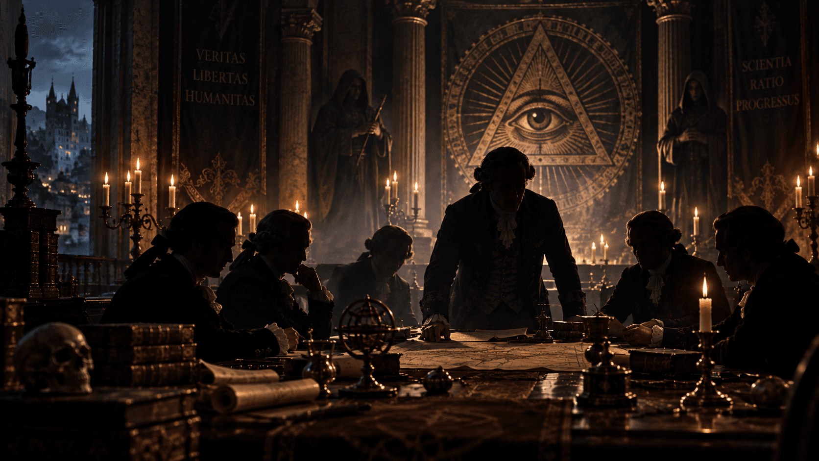 Imagined candlelit secret-society meeting with eye-and-pyramid imagery, an artistic illustration rather than a historical reconstruction