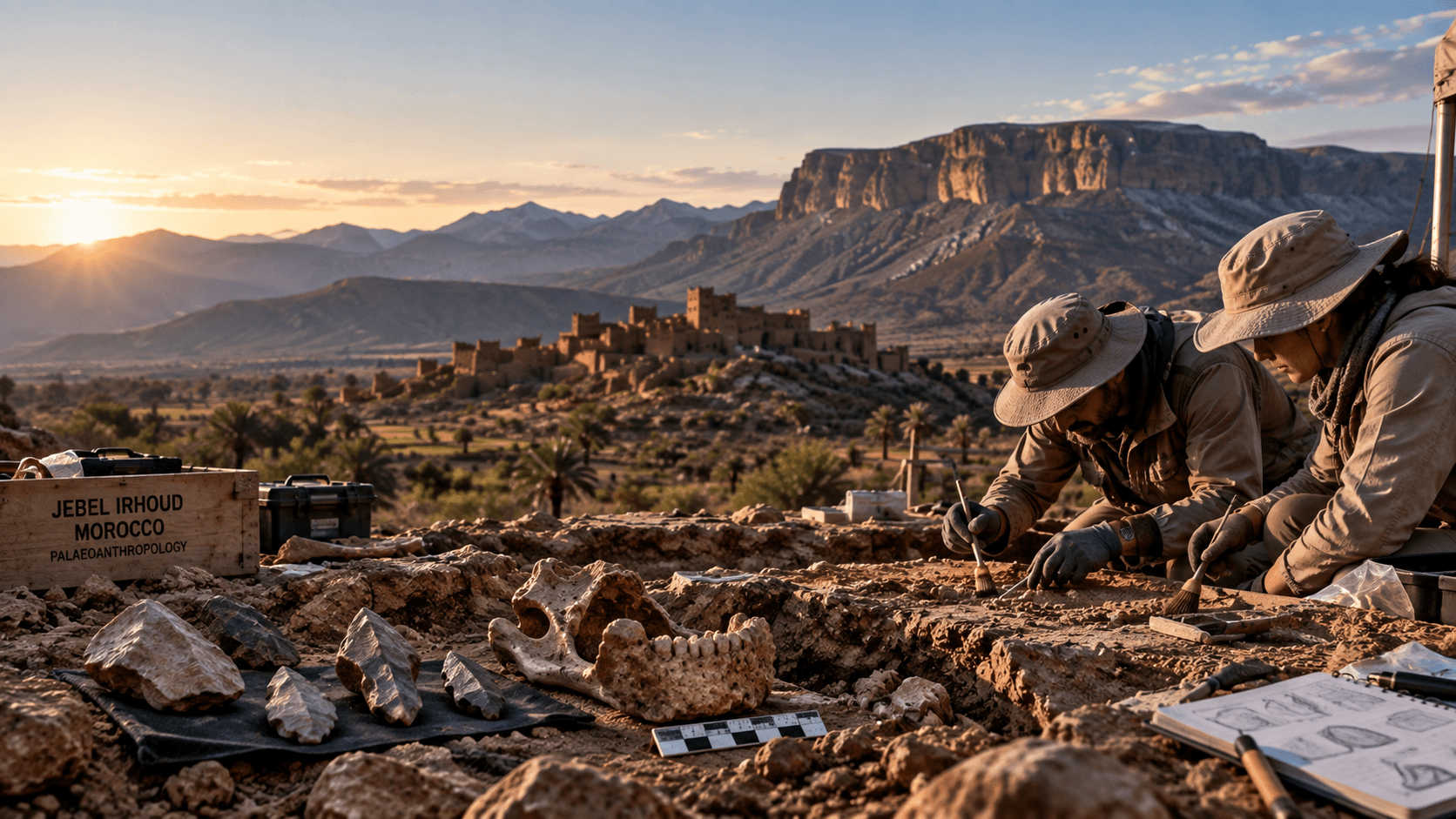 Jebel Irhoud archaeological discovery in Morocco with fossils, excavation site, and map marker