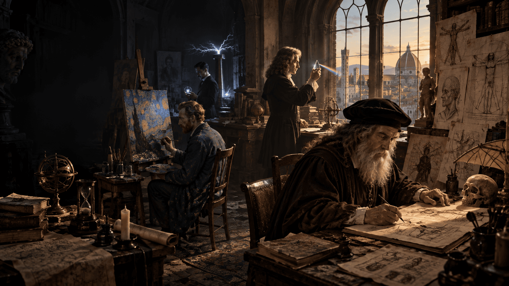 Cinematic editorial composition inspired by Leonardo da Vinci, Vincent van Gogh, Isaac Newton and Nikola Tesla working alone among art, books, experiments and inventions.