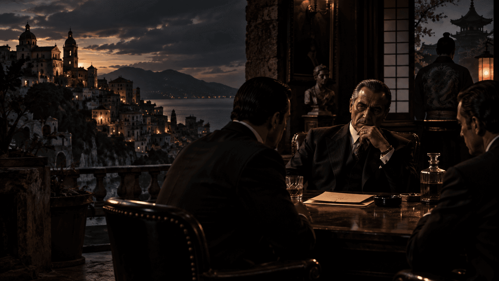 Cinematic editorial reconstruction of an organized-crime meeting overlooking an Italian coastal town, with a subtle visual reference to Japan's Yakuza.