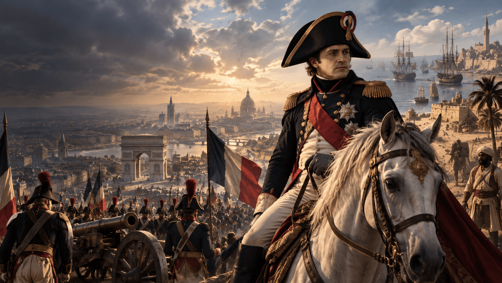 Editorial illustration of Napoleon on horseback with French troops, Paris monuments and sailing ships representing French imperial history