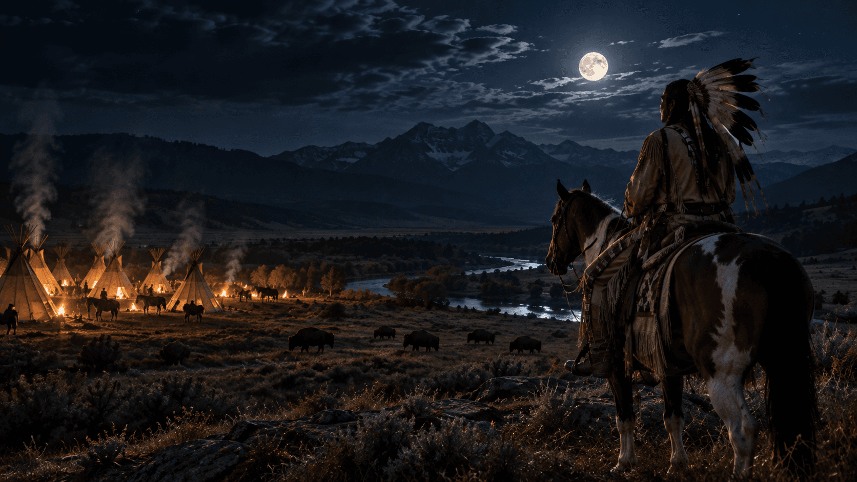 Cinematic editorial reconstruction of a Plains Indigenous rider overlooking a nighttime camp, river valley and bison under a full moon.