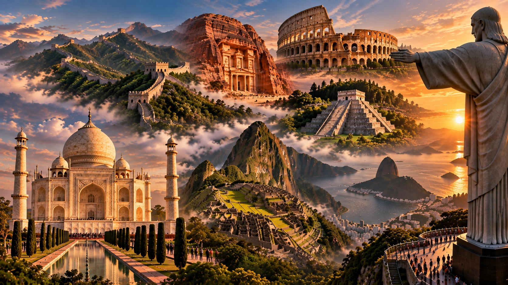 Illustrated montage of the Great Wall of China, Petra, Colosseum, Chichén Itzá, Machu Picchu, Taj Mahal and Christ the Redeemer
