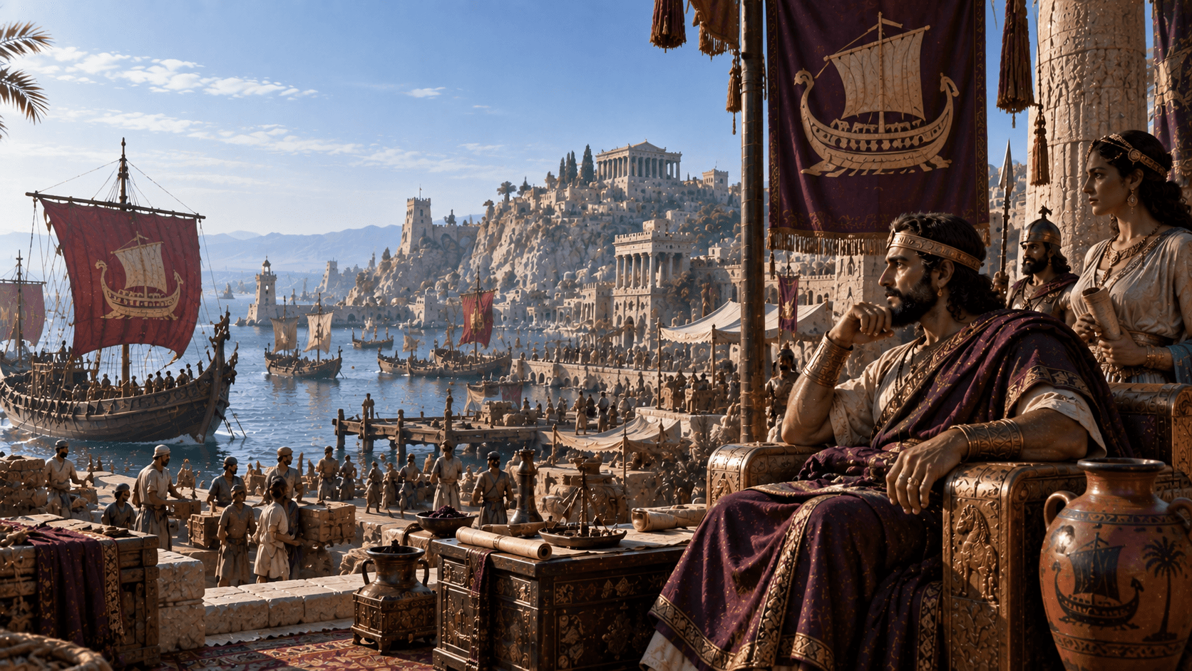 Imaginative reconstruction of a Phoenician harbour with sailing ships, merchants and purple textiles