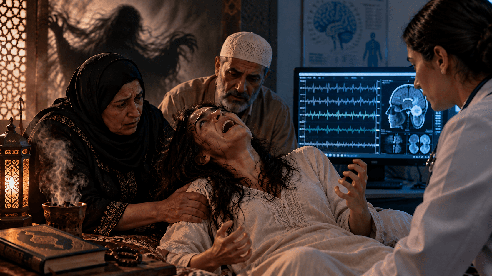 Conceptual illustration of a distressed person with family and a clinician beside brain-monitoring displays, not a documented medical case