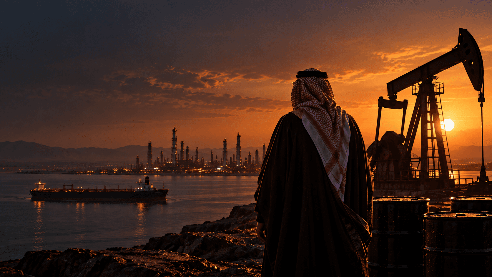 Cinematic editorial image of a Gulf oil producer overlooking an oil field, refinery and tanker at sunset.