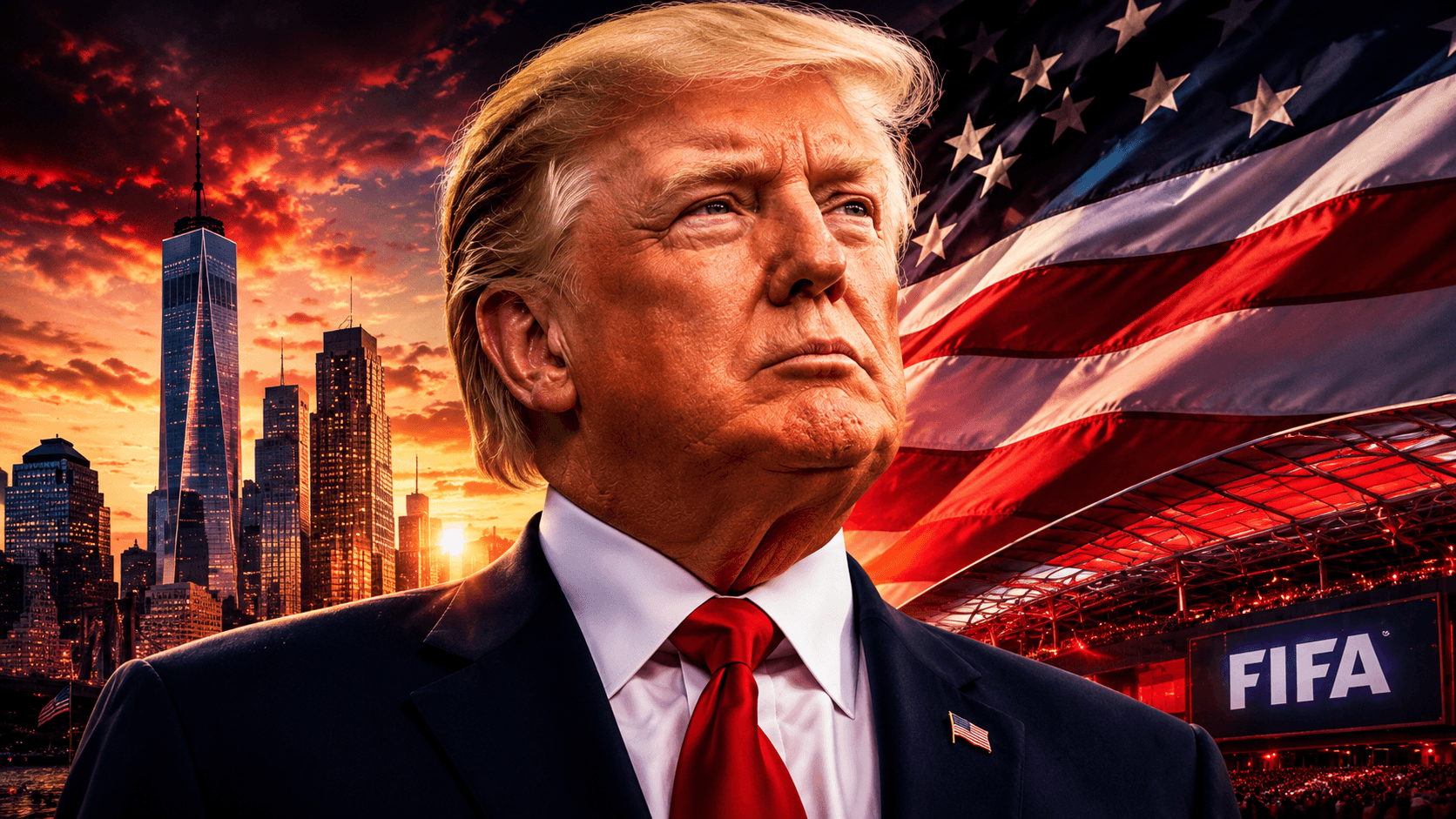 Donald Trump with World Cup 2026 trophy and United States flag in a cinematic PRESDA poster