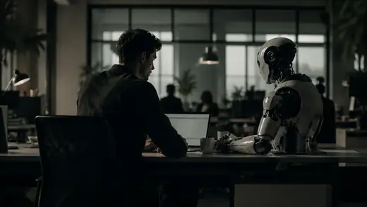 Worker seated beside a humanoid robot in a modern office, representing AI agents and the future of work