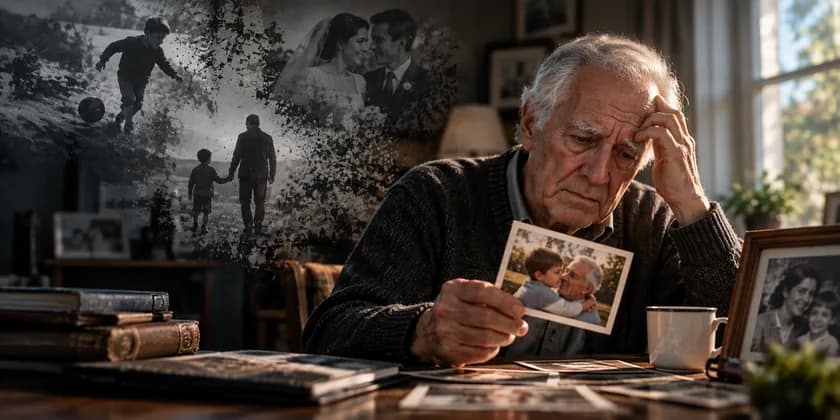 Conceptual editorial illustration of an older man holding a family photograph, with fading scenes of a lifetime behind him; an illustration of memory loss, not a documentary patient portrait