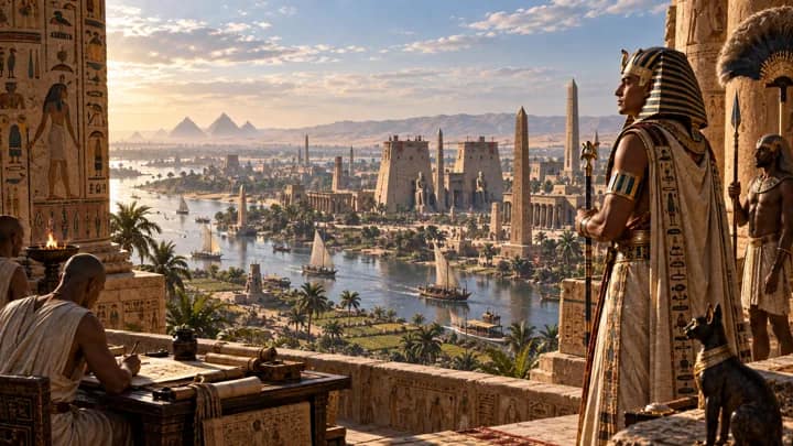 Editorial historical reconstruction of a pharaoh overlooking a Nile city with temples and pyramids, not a documented ruler or exact historical skyline