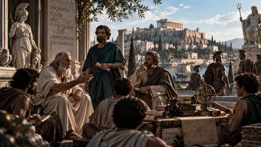 Ancient Greek philosophers, soldiers, temples and the Acropolis in a cinematic historical scene