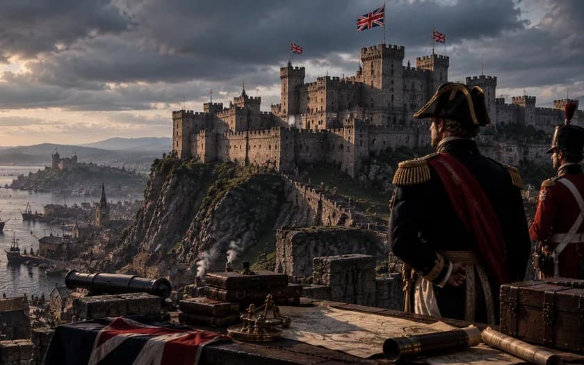 Editorial historical reconstruction of British imperial officers overlooking an imagined castle and harbor filled with sailing ships