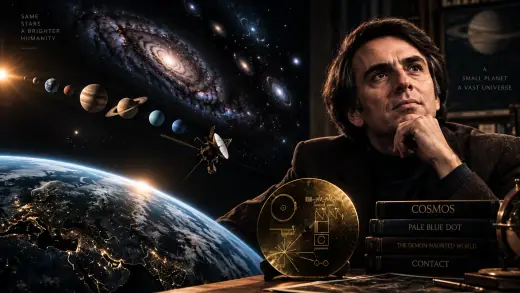 Carl Sagan beside Earth, planets, galaxies and the Voyager Golden Record in a cinematic universe scene