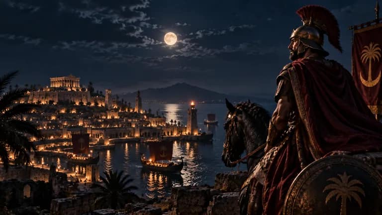 Editorial reconstruction of a Carthaginian commander overlooking a moonlit harbor in ancient Tunisia