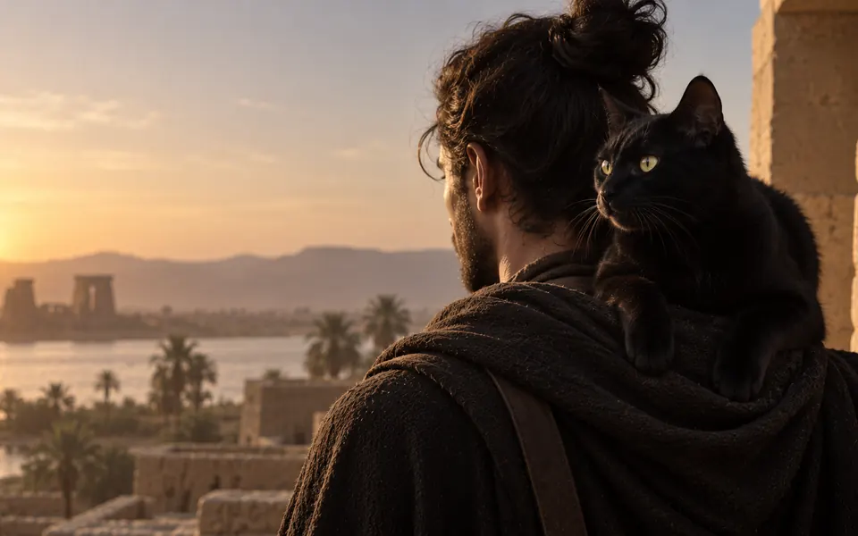 Black domestic cat resting on a person's shoulder at golden sunset, evoking the long history of cats living near human settlements