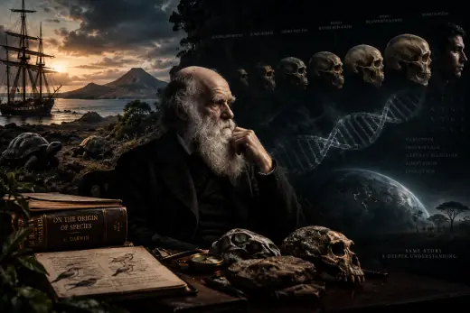 Charles Darwin studying natural history specimens in a Victorian study with the HMS Beagle visible near a coastal landscape