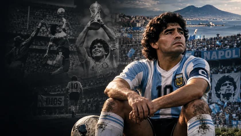 Cinematic editorial reconstruction of Diego Maradona in an Argentina shirt with Naples and scenes from his football career; not a documentary photograph of one moment