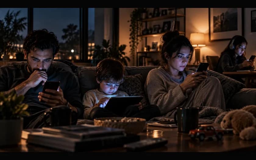 Editorial illustration of a family sitting together while separately absorbed in phones and a tablet