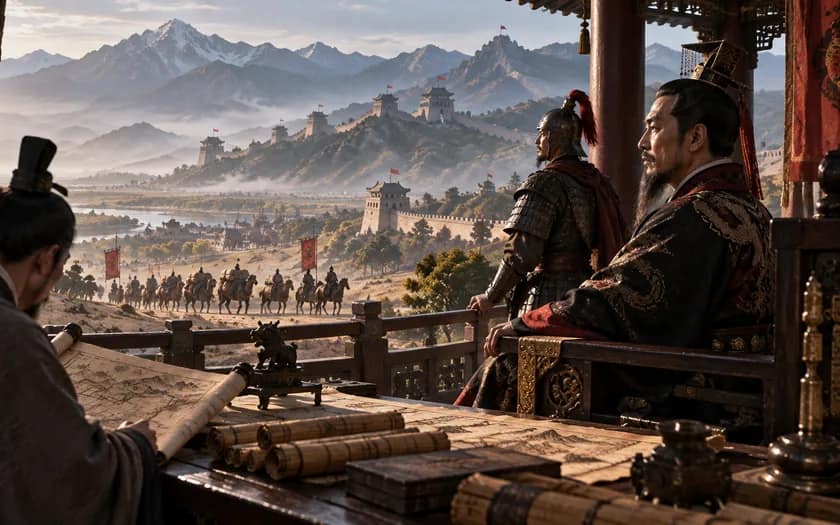 Editorial historical reconstruction of a Han ruler overlooking a stylized Chinese landscape; not a literal portrait or an archaeological reconstruction