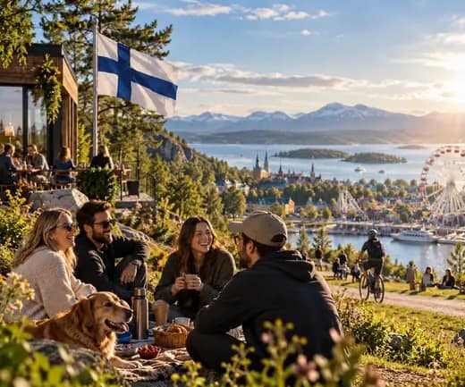 People enjoying a bright Scandinavian lakeside landscape representing happiness, social connection and quality of life in Finland