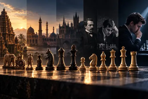Cinematic representation of the history of chess, from its ancient origins and traditional pieces to the modern competitive game