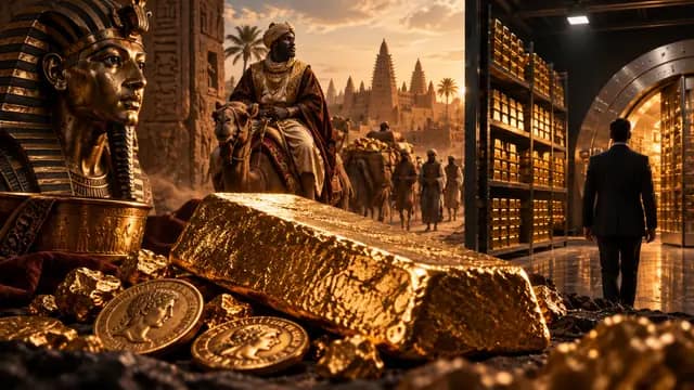 Cinematic gold history scene showing ancient Egyptian gold, West African trade, gold coins, bullion and a modern central bank vault