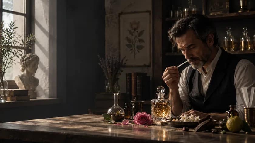 Conceptual editorial illustration of a perfumer smelling a blotter in a sunlit workshop beside perfume bottles, a rose, jasmine and aromatic materials; not a historical photograph