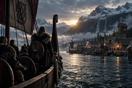 Cinematic Scandinavian fjord scene with a historically plausible Viking longship, Norse travelers and coastal settlement at sunrise