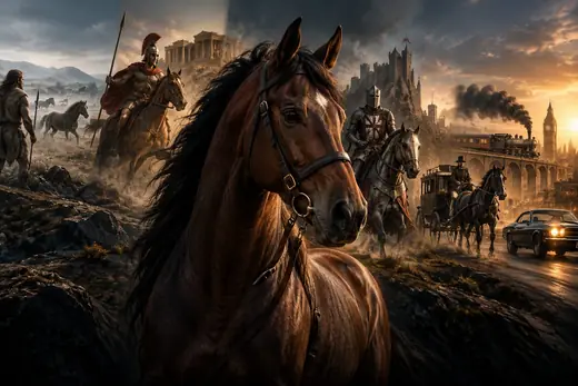 Cinematic historical representation of the horse's role in human civilization, from ancient riders and warfare to transportation and modern history