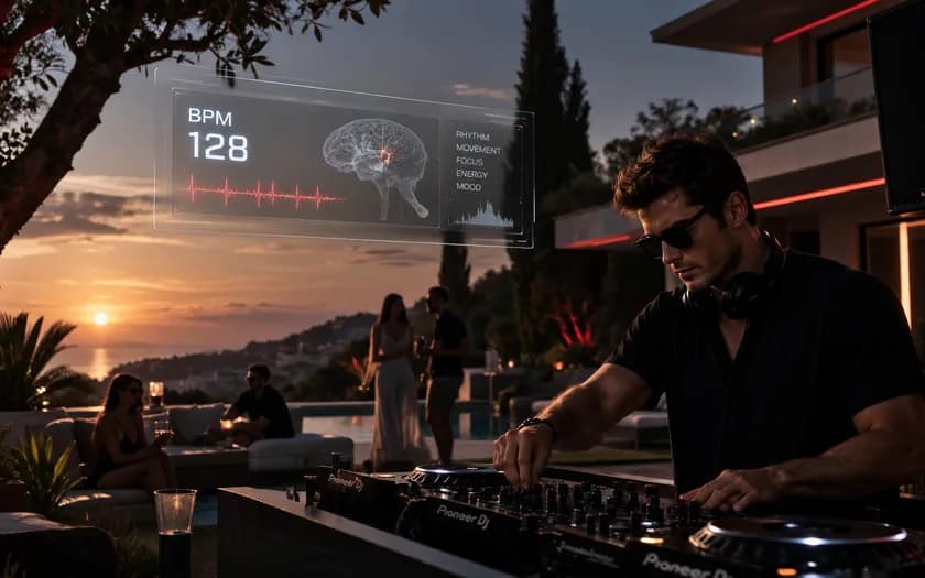 Editorial illustration of a DJ at a sunset pool party beside a conceptual brain display labeled BPM 128
