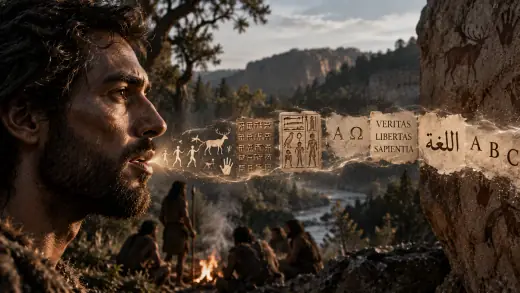 Early humans communicating near cave paintings with symbols, ancient scripts and alphabets showing the evolution of language