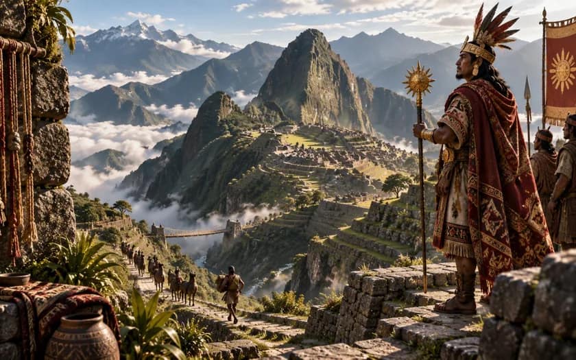 Editorial historical reconstruction of an Inca ruler overlooking Andean terraces, stone buildings and mountain roads; not a literal portrait of a specific ruler