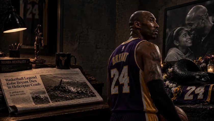 Cinematic editorial memorial tribute to Kobe Bryant in his No. 24 Lakers jersey, with a portrait of Kobe and Gianna; illustrative artwork, not a documentary crash photograph