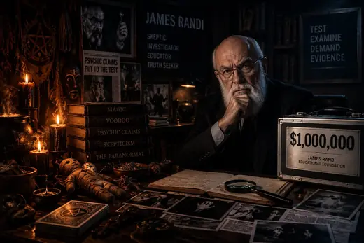 Cinematic contrast between occult and magical imagery and James Randi's scientific challenge offering one million dollars for evidence of paranormal ability