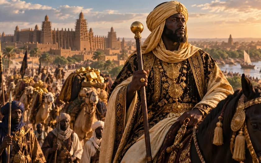Editorial historical reconstruction of Mansa Musa on horseback with a caravan and an earthen city near a river; not a literal portrait or documented pilgrimage scene
