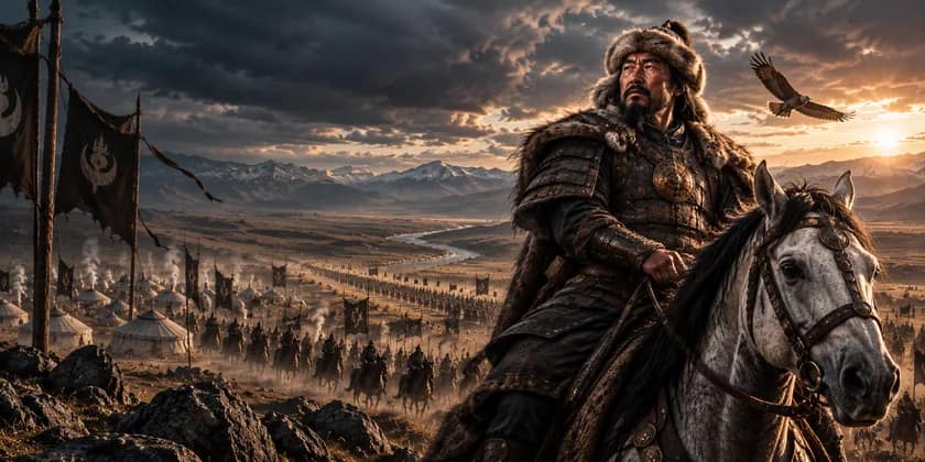 Cinematic editorial historical reconstruction of a Mongol ruler on horseback above a steppe camp; not an authenticated portrait of Genghis Khan