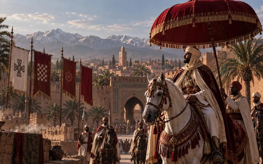Editorial historical reconstruction of a Moroccan ruler on horseback beneath a red royal parasol, with artistic banners; not a documented bay’a ceremony