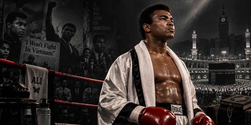 Conceptual editorial montage of Muhammad Ali in boxing robes and gloves, with civil-rights-era imagery and Mecca, combining different periods of his life; not a single historical photograph