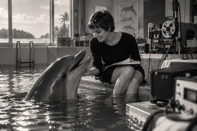 PRESDA editorial illustration inspired by the 1960s dolphin communication experiment, showing Margaret Howe Lovatt with Peter the dolphin inside Dolphin House