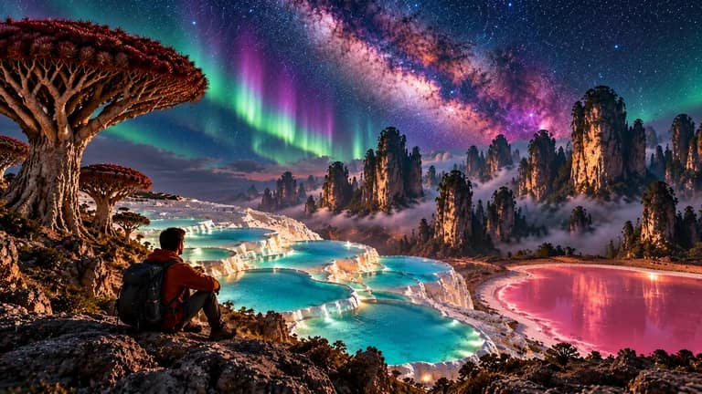 Editorial night composite combining dragon’s blood trees, white mineral terraces, sandstone pillars, a pink lake and sky effects; not one real location